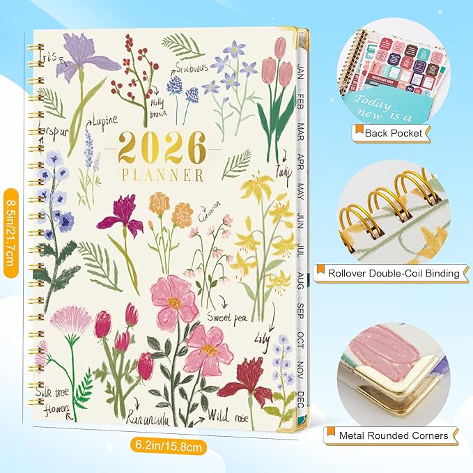 VinTS 2026 Planner, 8.5x5.8 Weekly Monthly Dated Planner, Jan-Dec.2026 Flower Hardcover Planner Agenda Organizers with pocket for Women Office Home