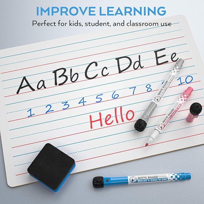 Nicpro Dry Erase Lap Board 9 x 12 inches 4 Pack Ruled Kid Double Sided Blank & Lined Small Lapboard with 8 Pens, 2 Eraser, Learning Mini Whiteboard Portable for Student and Classroom Use