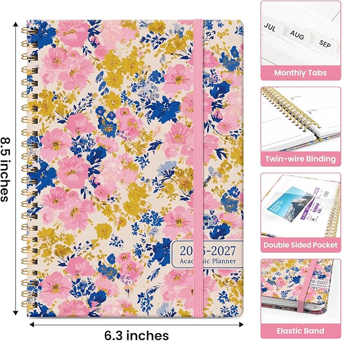Planner 2026-2027, Academic Year Monthly and Weekly Calendar Planner, Jul 2026 - Jun 2027, Hardcover Teacher Student Planning Agenda book with Tabs, Perfect for School Office Supplies, 6.3" x 8.5" - Pink Garden