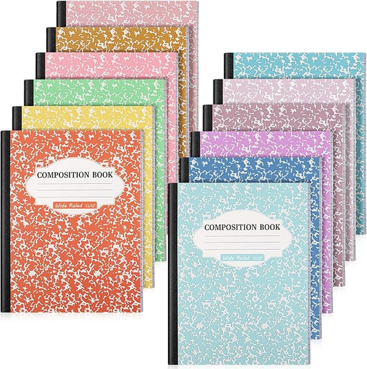 Colarr 12 Pack Wide Ruled Composition Notebook 9.75 x 7.5 Inch Marble Paper Composition Books Assorted Fun Colors Office School Notebook, Hard Cover, Sturdy Sewn Binding (Bright Color)