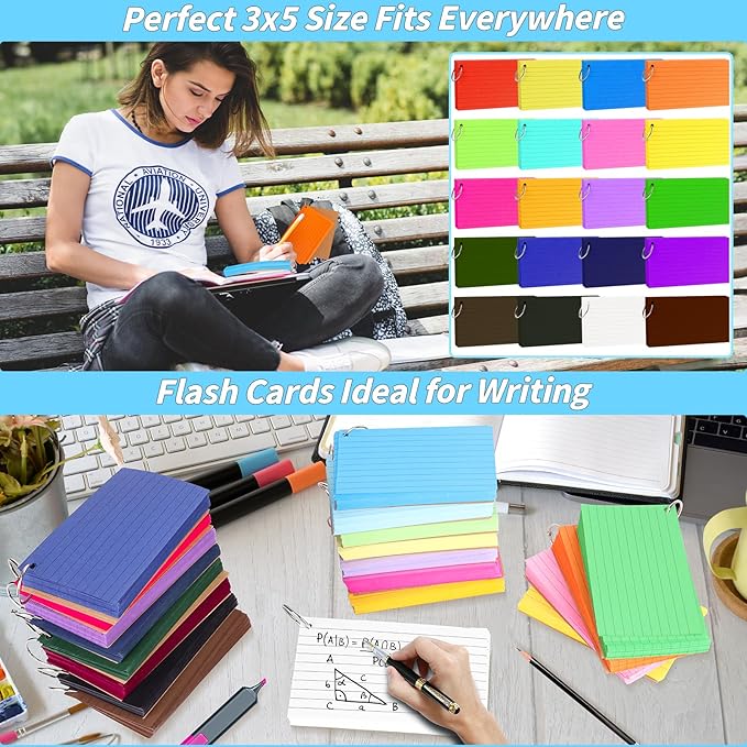 2000 PCS Colored Index Cards 3x5 In Flash Cards with Ring, 20 Colors Punched Lined Flashcards Ruled Index Cards Notecards Study Cards Heavy Note Card for Studying Office To Do List