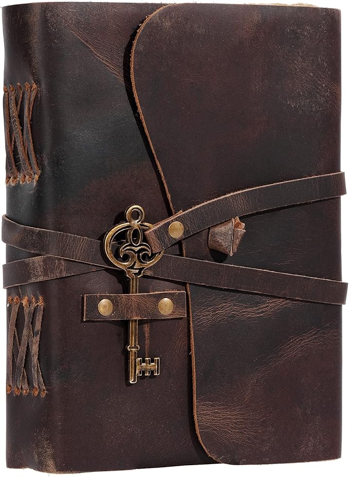 Leather Journal with Deckle Edge Paper 8x6 inch and Vintage Key | Handmade Writing Notebook Diary | Bound Daily Notepad for Men & Women Medium, Sketch/Writing pad for Artists