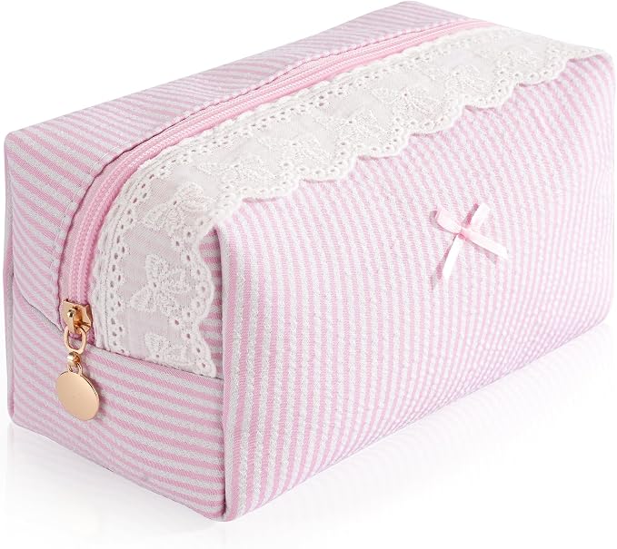 Makeup Bag Travel Toiletry Bag for Women, Small Cosmetic Bags with Lace Trim Cute Pink Stripe Aesthetic Organizer Makeup Pouch for Purse Emergency Bag Pencil Case Accessory Bag