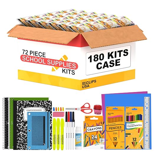 72 Piece Back to School Supplies Kit 180 Pack Bulk K-5 Kids School Supply Kit