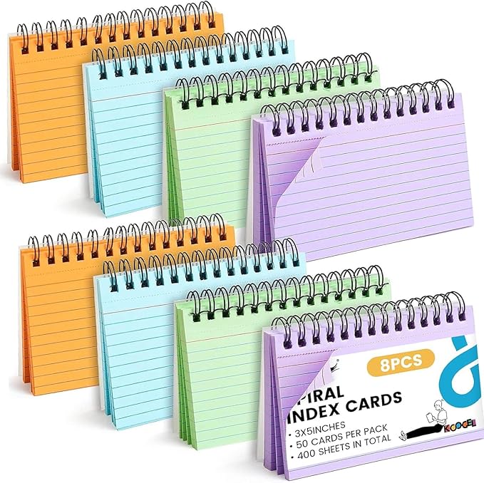 Koogel Colored Spiral Index Cards 3x5 Ruled, Assorted Colors Spiral Bound FlashCards with Waterproof Cover, Tear-Off Note Cards with Ring for Studying & School, 400 Count (5 Packs of 80)