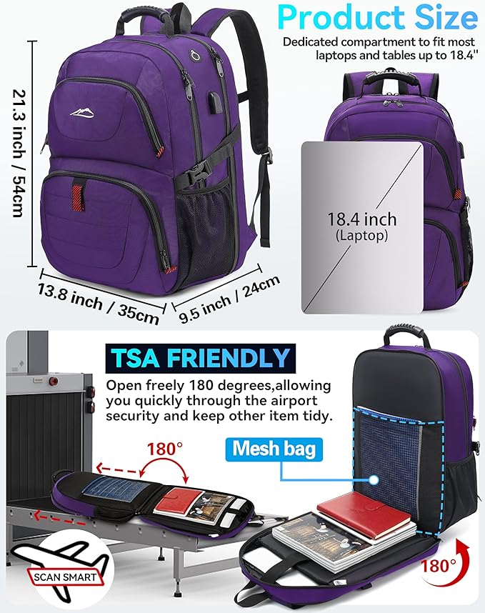 ProEtrade Travel Backpack, Extra Large Laptop Backpack Business Anti Theft TSA Approved College Work Computer Bag Fits 18.4 Inch Laptop with USB Charging Port for Women Men(Purple,L)