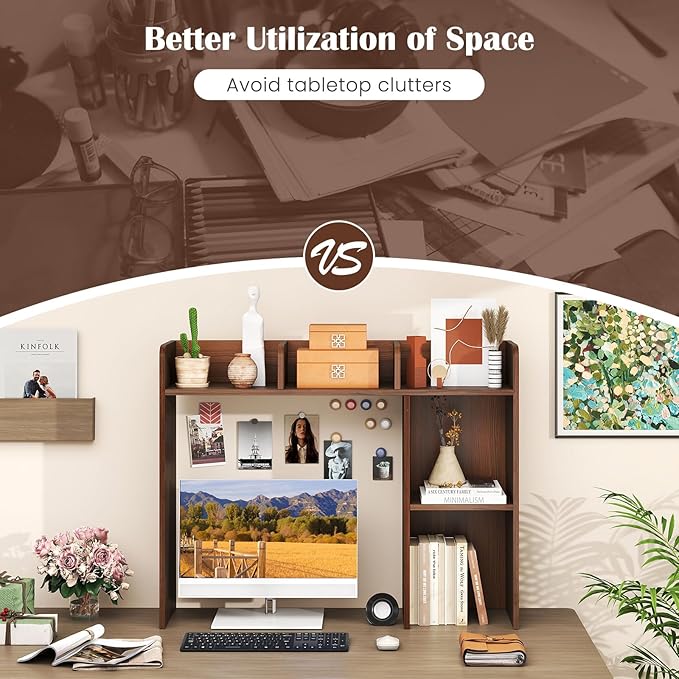 Giantex Desktop Bookshelf, Wood Desk Hutch Organizer for 27 Inch Computer Monitor, Countertop Storage Display Rack with 5 Shelves, Multipurpose Desktop Shelf Bookcase for Dorm Office Home, Walnut