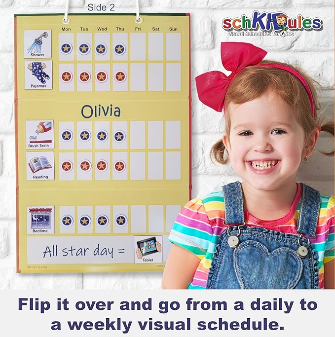 SchKIDules Deluxe Magnetic Visual Schedule & Reward Chart w/189 Colorful Magnets & Reversible 18” Folding Board for Daily Routines, Chores, Behavioral Supports, Kids Calendar, ADHD & Autism Icons