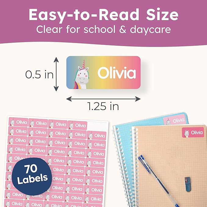 Personalized Name Labels for Kids (70 Labels) - Durable & Waterproof Custom Name Stickers for Clothing Tags, School Supplies, Camp & Daycare - Dreamy Unicorns (1.2”x0.5”)