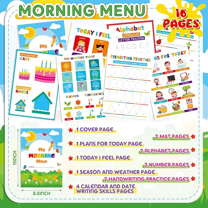Fuyoooo Homeschool Morning Menu Kit for Preschool Learning – 16 Educational Posters & 2 Menu Covers for Toddlers and Kids, Daily Learning Activities for Homeschool Classroom(Rainbow Color)