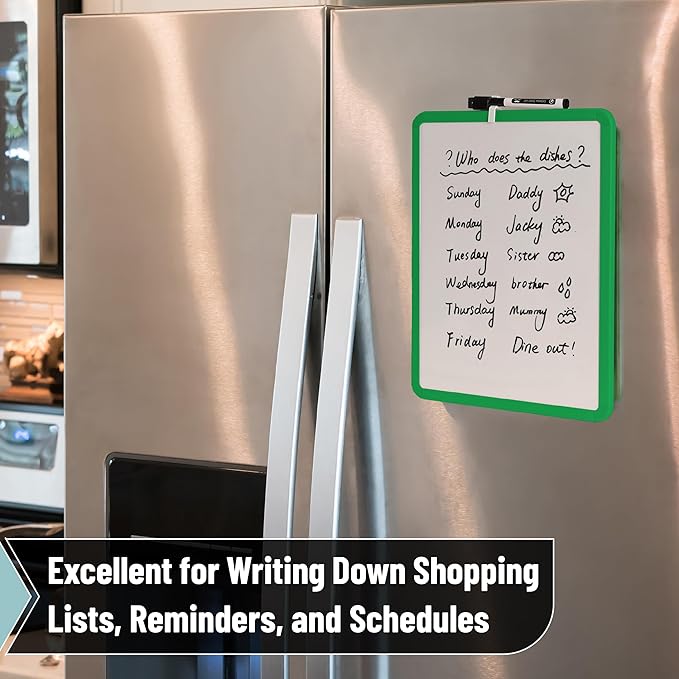 Mr. Pen- Dry Erase Board, 14” x 11” with a Black Dry Erase Marker, Green Frame, Small Mini White Board for Students, Fridge, Wall, Locker, Includes Double Sided Tapes