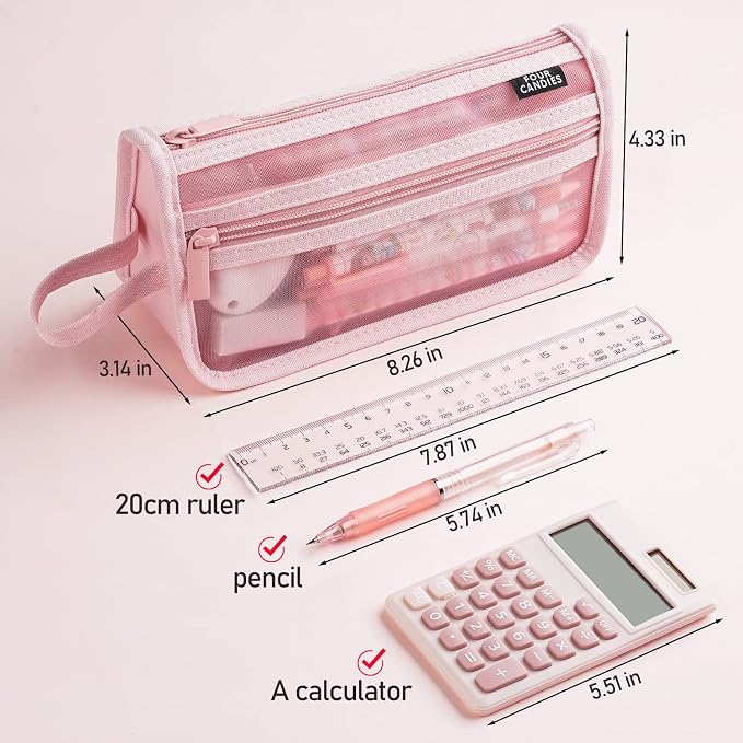 Four Candies Grid Mesh Pencil Case, Clear Double-layer with Handle (Pink) | Smooth Zipper, Transparent Pencil Pouch, Cute Stationary, Makeup Bag, Travel Friendly, for Adult Office College