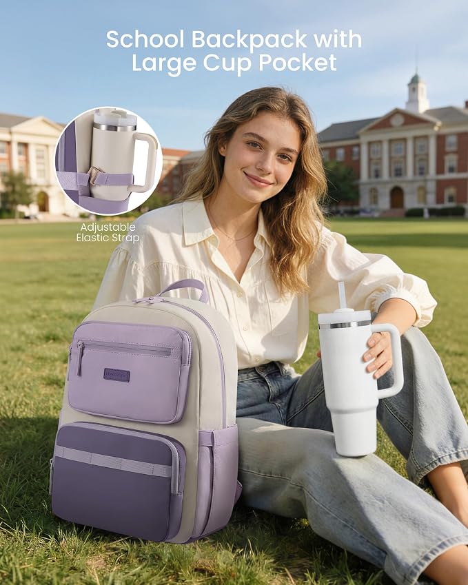 LOVEVOOK School Backpack for Teen Girls & Women,Laptop Backpack with Water Bottle Holder,Lightweight Work College Bookbag,Student Backpack for Middle High School,Purple