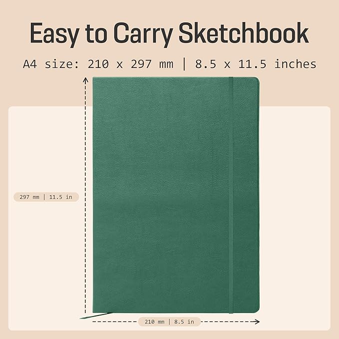 BROWNSTONE JOURNALS A4 Sketch Book Hardcover - 80 Sheets 100 GSM Paper 8.5"x11.5", Lay Flat, Vegan Leather Cover, Elastic Band, Back Pocket, Art Drawing Book (Dartmouth Green)