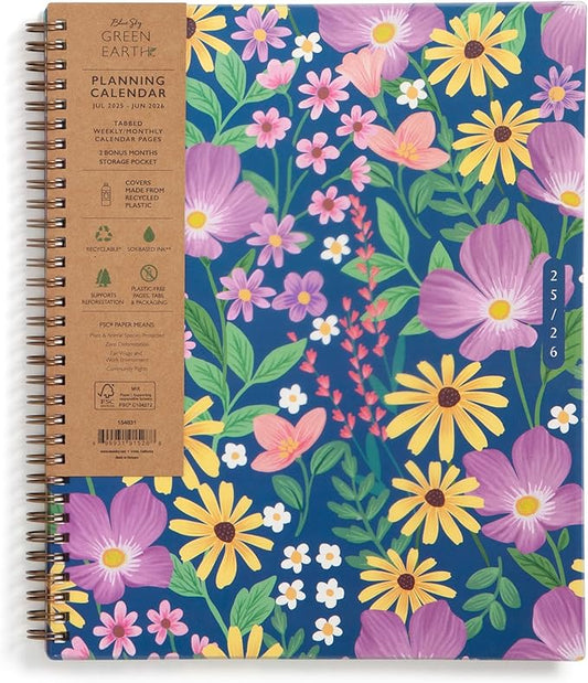 Blue Sky Sustainability 2025-2026 Weekly and Monthly Academic Year Planner Calendar, July 2025 - June 2026, 8.5" x 11", Flexible Cover From Recycled Plastic, Wirebound, Laminated Tabs, Storage Pocket, Gail