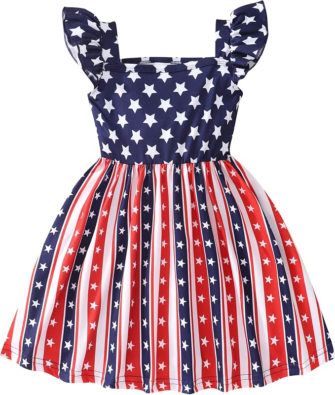 Popshion Girls Dresses Flutter Sleeve Swing Sundress Toddler Summer Clothes Kid Birthday Party Sleeveless Dress 1-8 Years Old