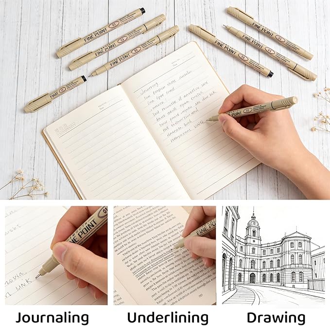 6 PCS Black Fineliner Pens - 0.25 0.5 0.6mm Ultra Fine Liner Pens - No Bleed Micro Pen Smooth Waterproof Gel Felt Ink Drawing Pens for Drawing, Sketching, Watercolor, Illustration, Manga