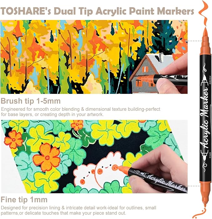 TOSHARE 120 Colors Acrylic Paint Markers, Brush & Fine Dual Tip Acrylic Paint Pens for Rock, Wood, Paper, Fabric, Canvas, Glass, Ceramic, Egg, Scrapbook and DIY Crafts Supplies Art Gifts