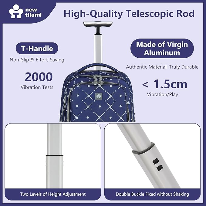 NEW TILAMI 20" Rolling Backpack for Teens Adults, Climbing Stairs Waterproof Backpack with Wheels for School Business Trave Camping with Laptop Compartment, Fit 17 Inch Laptop, Navy Bling