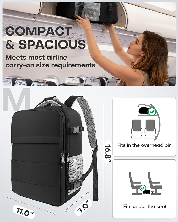 HOTOR Travel Backpack Flight Approved Bag Men Women, Medium Black | TSA Carry on Luggage, 15.6inch Laptop, Casual Daypack Travel Essentials Nurse Bag for Work, Business, Weekender, College