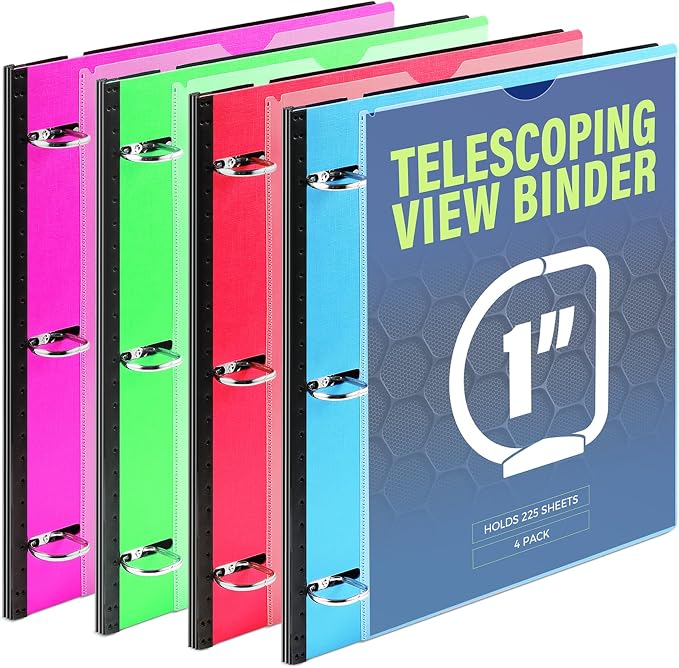 WOT I 4-Pack Telescoping 3 Ring Binder 1 Inch, Expandable Flexible Binder - Patented Design for Easy Portability, Holds 8.5"x11" Paper, 4 Bright Colors, Perfect for School, Office&Home Organization