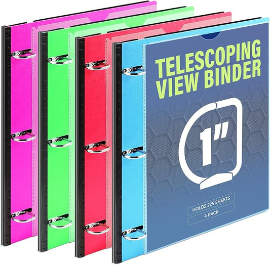 WOT I 4-Pack Telescoping 3 Ring Binder 1 Inch, Expandable Flexible Binder - Patented Design for Easy Portability, Holds 8.5"x11" Paper, 4 Bright Colors, Perfect for School, Office&Home Organization