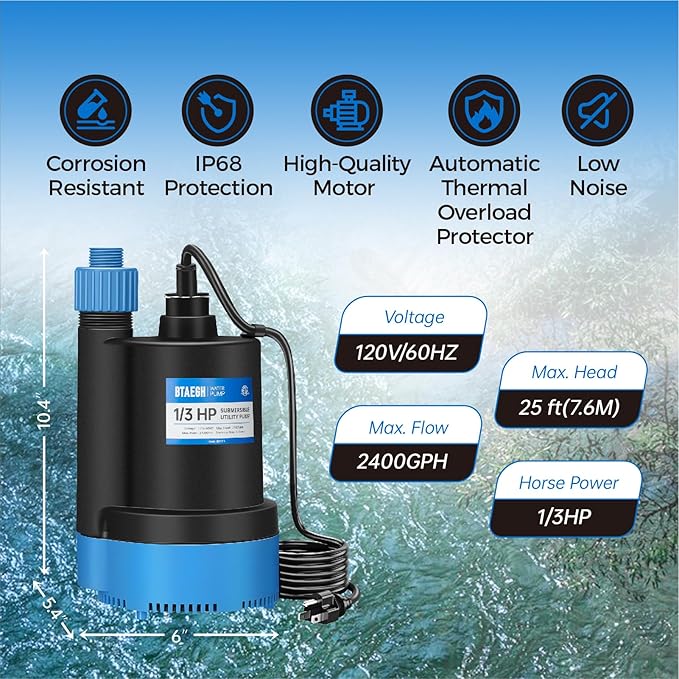 1/3 HP Submersible Water Pump 2400GPH Small Sump Pump Thermoplastic Electric Portable Transfer Utility Pump Clean for Swimming Pool Basement Garden Pond