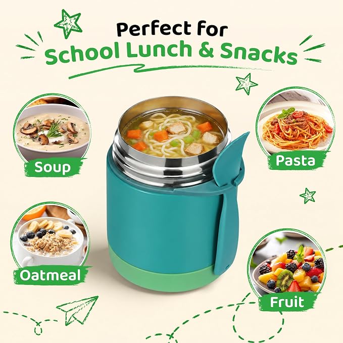 Pawtong10oz Soup Thermo for Hot Food Kids Insulated Food Jar,Thermo Hot Food Lunch Container, Width Mouth Stainless Steel Lunch Box for Kids with Spoon (Green)