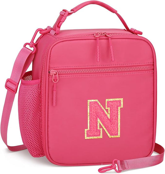 Initial Insulated Lunch Bag for Girls Kids, Back to School Gift, Reusable Leak-proof Lunch Box with Adjustable Strap for School Daycare Travel Picnic (Rosy Red,N)