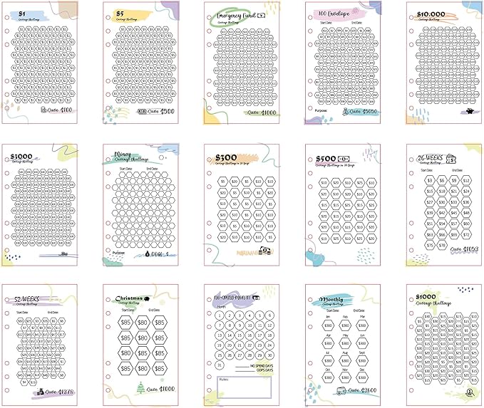 Laminated Money Savings Challenge Trackers for 6-Ring A6 Binders,Reusable cash Savings Tracker sheets,multiple budget cards for savings journey planner(15pcs)