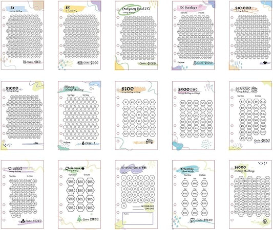 Laminated Money Savings Challenge Trackers for 6-Ring A6 Binders,Reusable cash Savings Tracker sheets,multiple budget cards for savings journey planner(15pcs)