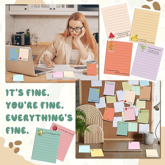 AmazingSpark 12 Pcs Cute Inspirational Sticky Notes, 4*3 Motivational Notepads Positive Emotional Support Gift Funny Lined Memo Note Pads for Office Desk Supplies Coworker Employee(Fruits,Vegetables)