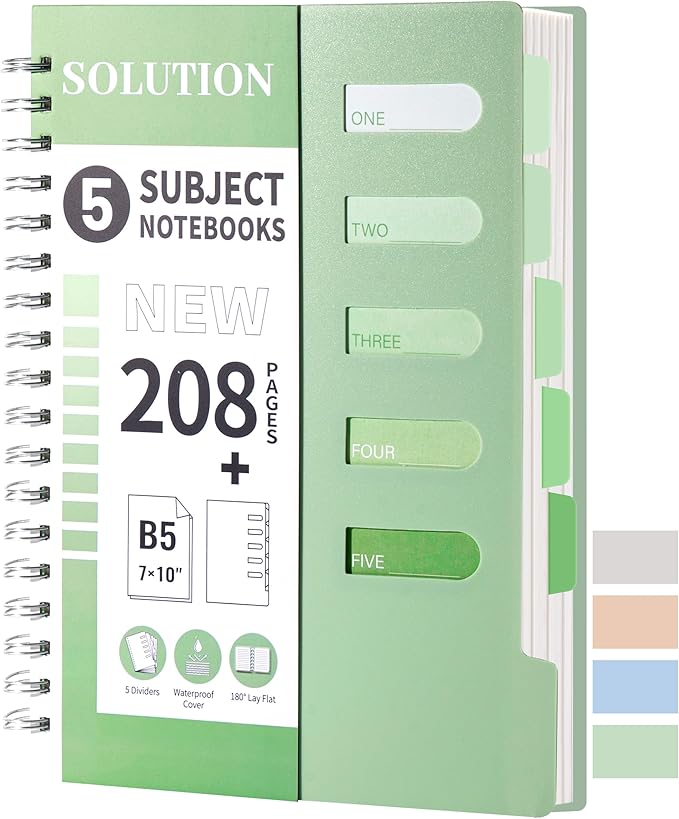 FLYING EAGLE Small Spiral Notebook 5 Subject Notebook Wide Ruled with Dividers Tabs Waterproof Plastic Cover Thick Paper Notebooks for Work School, 7x10 Green