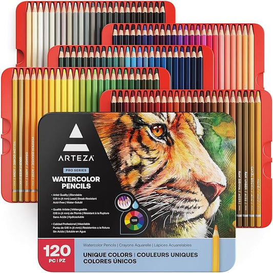 ARTEZA Watercolor Pencils, Set of 120, Water-Soluble Colored Pencils with 4 mm Break-Resistant Core, Pre-Sharpened Tips and Metal Tin for Drawing, Shading, Blending, and Wet or Dry Techniques