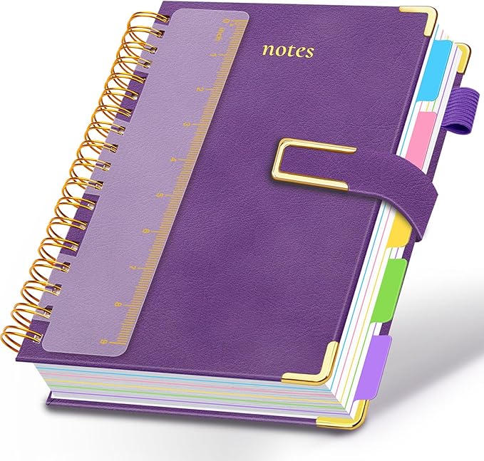 Hardcover Spiral Notebook College Ruled, 8"x10" Leather Journal Notebook with Magnetic Closure, 300 Pages 5 Subject Notebook with Dividers Tabs Journal for Women Men, Work, School(Purple)