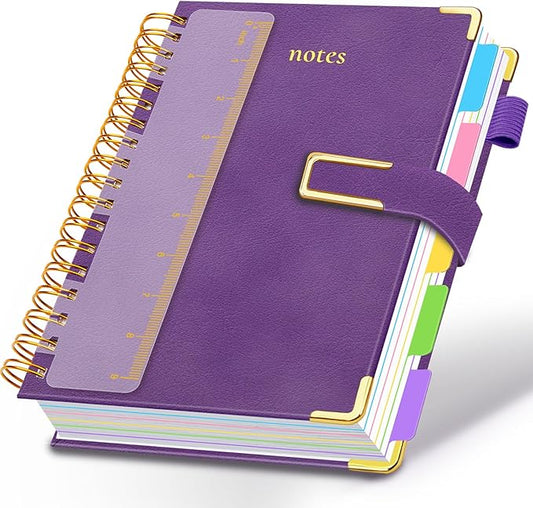 Hardcover Spiral Notebook College Ruled, 8"x10" Leather Journal Notebook with Magnetic Closure, 300 Pages 5 Subject Notebook with Dividers Tabs Journal for Women Men, Work, School(Purple)