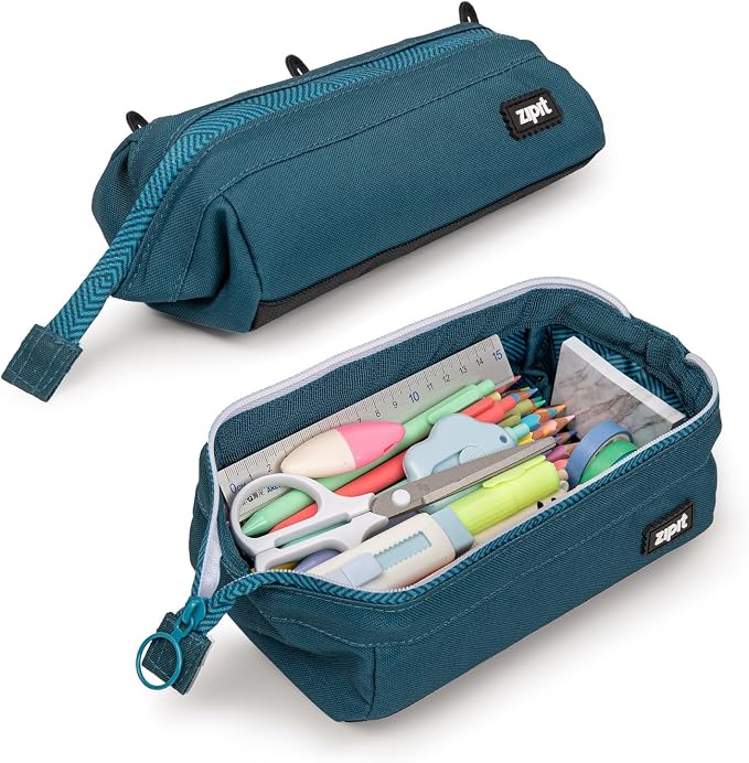 ZIPIT Lenny Pencil Case, Wide-Opening Zipper Pouch for Girls and Boys, Teal | Aesthetic pouch for school, machine washable, colorful lining, holds 55 pens & pencils, doubles as a makeup case for travel