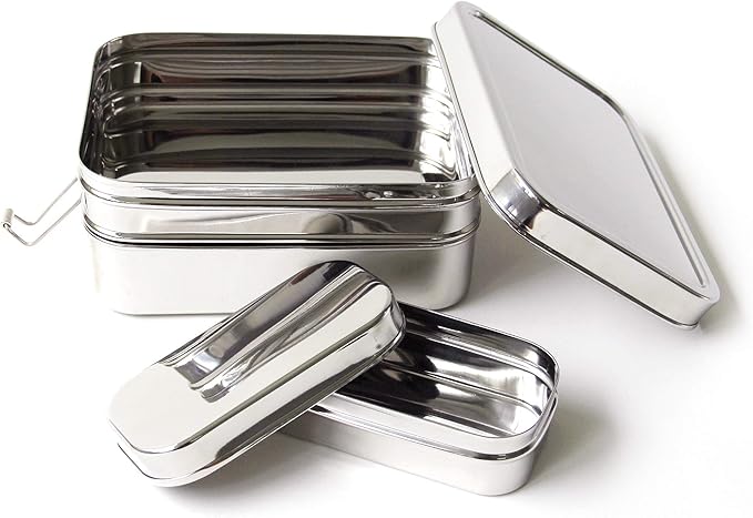 ECOlunchbox Three-in-One GIGANTIC Bento Box (49oz) – 3 Piece Jumbo Stainless Steel Lunch Container – Plastic Free, Non Toxic, Nestable, Dishwasher-Safe for Big Appetites, Not Leak-Proof