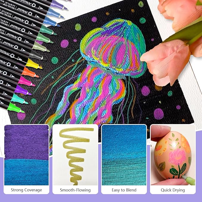 Artecho Acrylic Paint Markers 18 Colors include 12 Metallic + 6 Fluorescent Colors, for Stone, Rock Painting, Paper, Pumpkin, Wood, Egg, Canvas, Ceramic, Fabric, leather, Glass, DIY Crafts