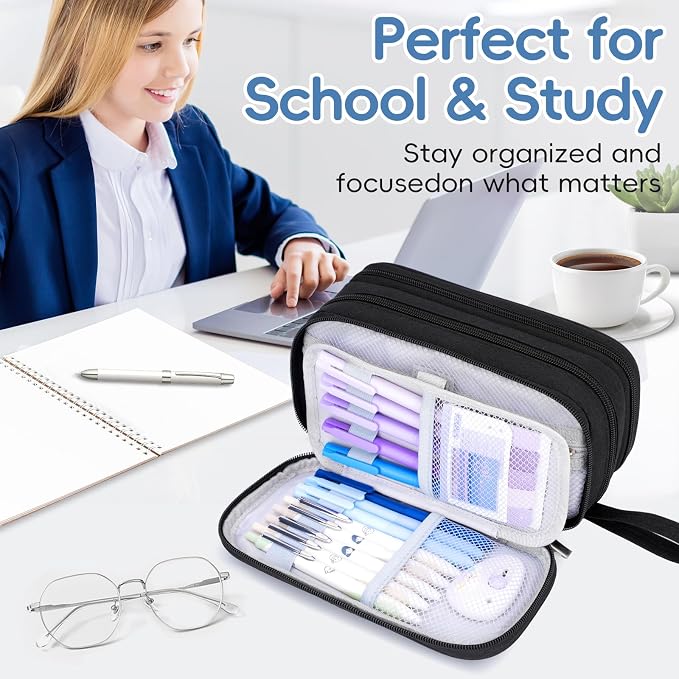 Pencil Case Large Capacity, 3 Compartment Black Big Pen Pouch with Zipper | Durable Stationery Organizer, Portable Marker Pen Bag for Teens, College and High School Students, Adults and Teachers