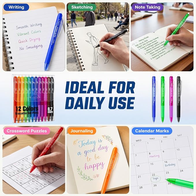 sunacme Retractable Erasable Gel Pens, 12 Color Fine Point Erasable Pens Clicker, Make Mistakes Disappear, Assorted Ink for Drawing, Writing, Planner & Crossword Puzzles (0.7mm, Pack of 12)