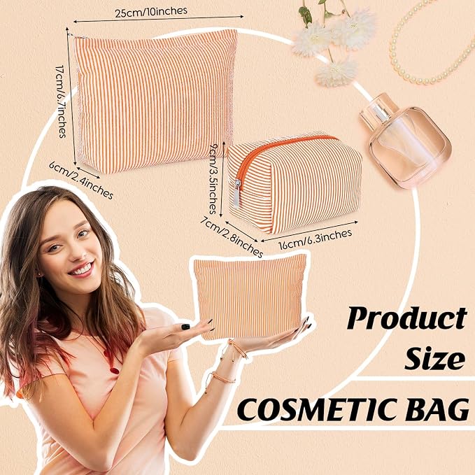 Huhumy 2 Pcs Makeup Bag Set for Women, Orange, Thin Striped Seersucker | Cute Cosmetic Pouch Women Travel Toiletry Bag Preppy Small Makeup Purse Pouch Aesthetic Skincare Brushes Storage Organizer