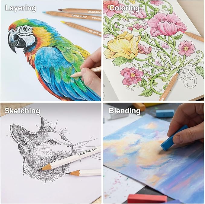 COLOUR BLOCK Drawing Travel Art Set - 60 sheets 6 x 8 Inches Drawing Pad,16 wood Colored Pencils, 12 Soft Pastels Set, 2 Sketching Pencils, and 8 Assorted Tools