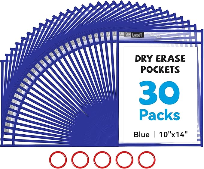 Gamenote Dry Erase Pockets 30 Pack with Rings - Oversized Reusable Plastic Sleeves Shop Ticket Holders Sheet Protectors Teacher Supplies for Classroom Organization (Blue)
