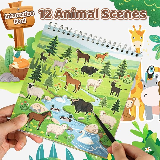 Animal Sticker Book for Toddlers 2-4 Years Sticker Activity Book for Kids with 12 Scenes & 12 Coloring Pages Toddler Travel Essential Quiet Time Activities