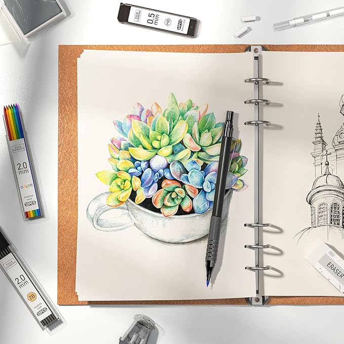 Four Candies Metal Mechanical Pencil Set, 4PCS 0.3, 0.5, 0.7, 0.9MM Mechanical Pencils & 2MM Drawing Pencil with 9 Tubes Lead Refills (4B 2B HB 2H Color) for Student Writing Artist Sketching - Black