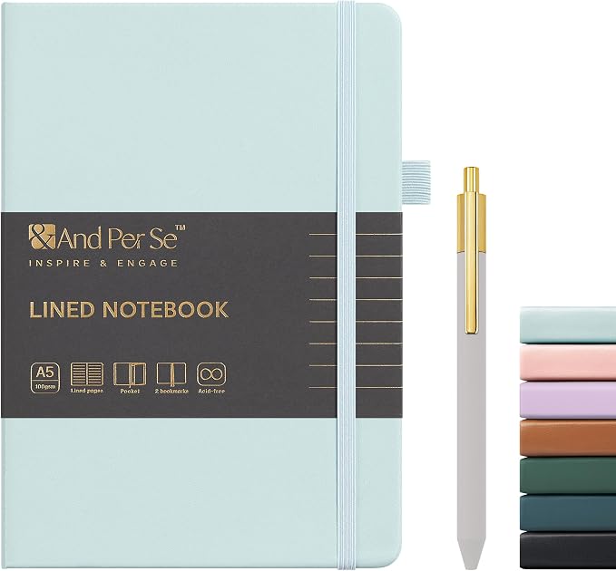 &And Per Se Lined Journal and Pen Set, A5 Leather Hardcover Notebook with Pen & Stationary Set, 160 Pages 100GSM Thick Ruled Paper Journal for Business Work Writing (Cyan)