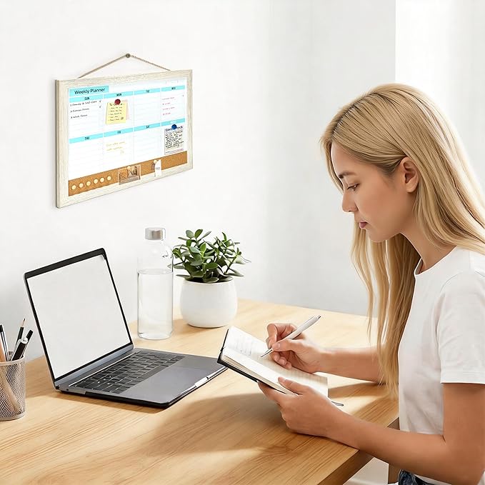 Magnetic Weekly to Do List Planner White Board 16x12 Inch - Dry Erase Calendar Board with Cork Combo for Wall, Home Office Kitchen