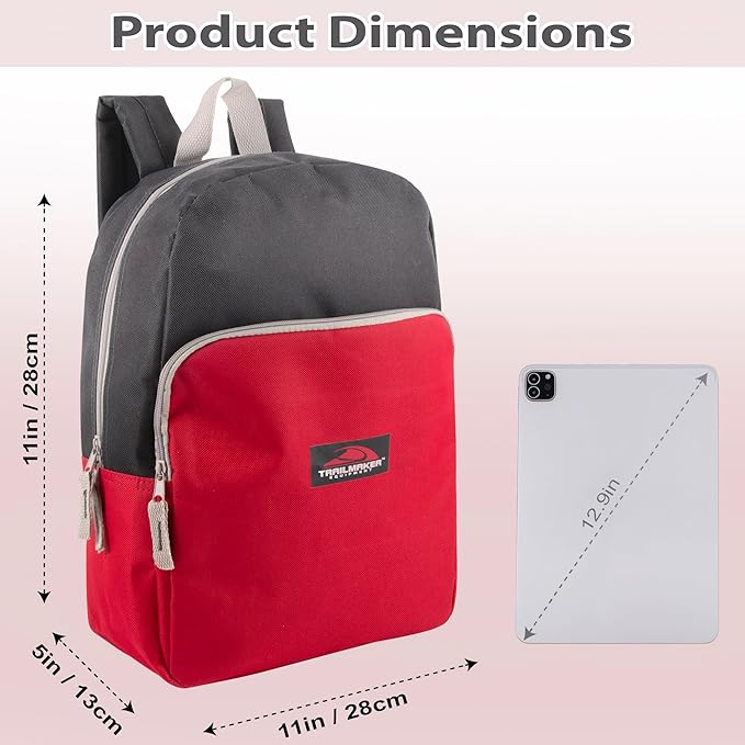 Trail maker 15 Inch Backpack for Kids, Preschool, Elementary & Middle School Students – Spacious Bookbag with Large Front Pocket, Adjustable Straps, Fits up to 13 Inch Laptop (Red)