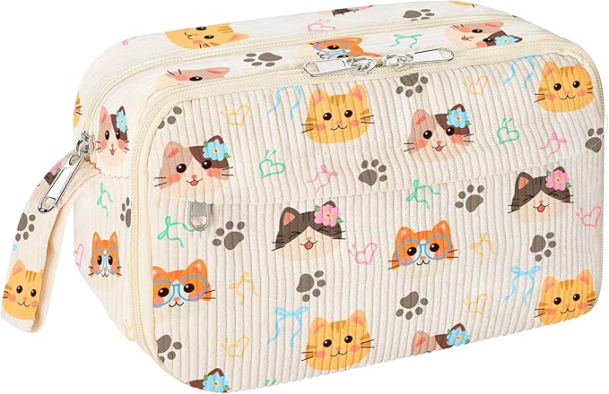 WOBAGMEN Cute Pencil Case,Large Corduroy Zippered Pencil Case Pouch, aesthetic Pencil Bag with Compartments, Pencil Pouch School Supplies (HY-corduroy pc-cat)